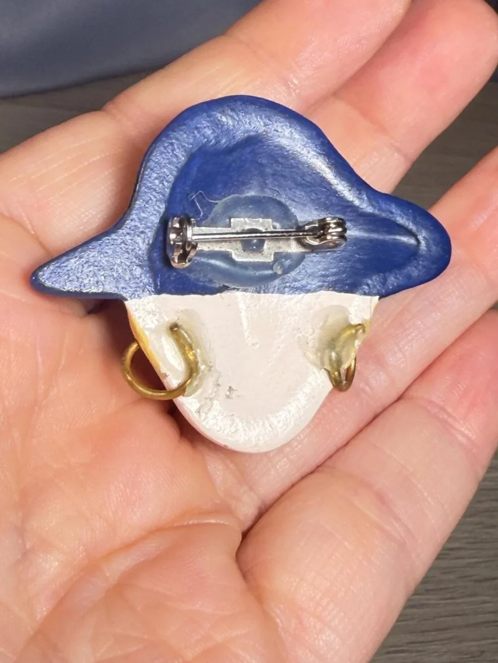 Vintage Handmade Lady Face Brooch Blue Hat Painted Art Brooch